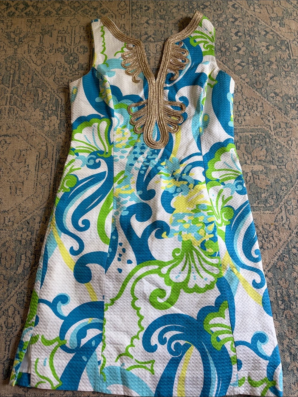Lilly Pulitzer White Midi Dress with Blue, Teal & Lime Scroll Print